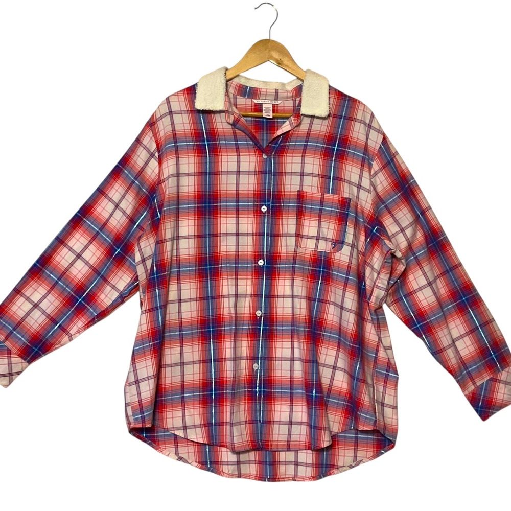 VICTORIA’S SECRET sz Large Pajama Top Plaid Faux Fur Collar Button Front  Red +